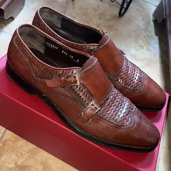 Salvatore Ferragamo Brown Woven Leather Double Monk Strap, Re-Soled, Size 10 - Picture 2 of 9